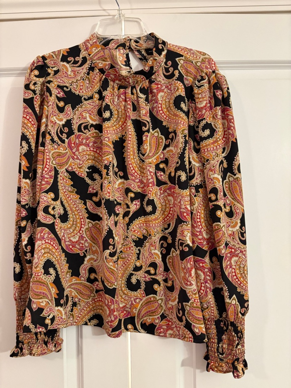 Who What Wear Black Paisley Tie-Neck Blouse with Pink and Gold Accents